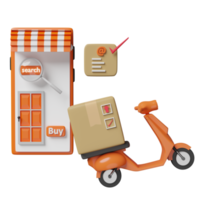 téléphone portable orange ou smartphone avec devanture de magasin, scooter, boîte en carton de marchandises isolée. livraison en ligne ou concept de suivi de commande en ligne, illustration 3d ou rendu 3d png