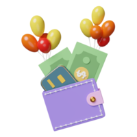 wallet and credit card with balloon, dollar banknote isolated. saving money, happy shopping concept, 3d illustration or 3d render png
