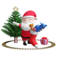 weihnachtsbaum mit weihnachtsmann, dampfzugspielzeug, weihnachtssocken isoliert. website, poster oder glückskarten, weihnachtsbanner, festliches neues jahr, 3d-illustration rendern png