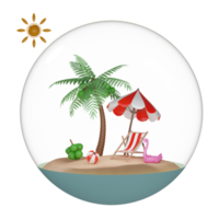 summer travel with glass ball, island, umbrella, coconut tree, Inflatable flamingo in glass ball isolated. concept 3d illustration or 3d render png