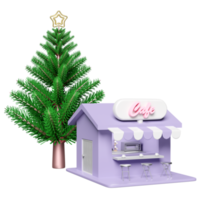 3d op te slaan voorkant koffie winkel met Kerstmis boom, stoel, elektrisch oven, kop drogen rek geïsoleerd. opstarten franchise bedrijf, geluk kaarten, feestelijk nieuw jaar concept, 3d illustratie geven png