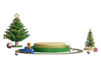 podio de la etapa del cilindro con caja de regalo, árbol de navidad, juguete de tren de vapor, oso de peluche aislado. Año nuevo festivo, pedestal de escaparate cosmético geométrico abstracto, representación de ilustración 3d png