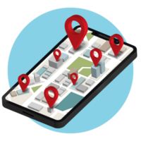 Smartphone mobile gps navigation illustration isolated Map icon with pin gps flat and location marker pointer place in isometric design, concept of road trip direction position symbol png