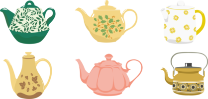 set of cartoon kettles. household utensils, cookware, and a teapot with a spout collection png