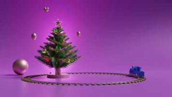 Christmas tree stage podium and ornaments, steam train transport toy isolated on purple or violet background. Christmas banner, festive New Year, loop 3d animation video