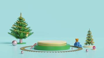 cylinder stage podium with gift box, christmas tree, steam train toy, teddy bear isolated on green background. festive New Year, abstract geometric cosmetic showcase pedestal, loop 3d animation video