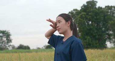 Portrait of Tired Asian young farmer woman wiping sweat from forehead with hand in the paddy field. video