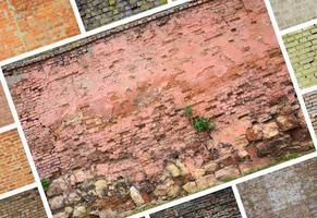 A collage of many pictures with fragments of brick walls of different colors close-up. Set of images with varieties of brickwork photo
