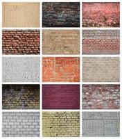 A collage of many pictures with fragments of brick walls of different colors close-up. Set of images with varieties of brickwork photo