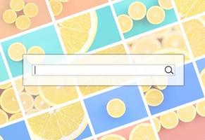 Visualization of the search bar on the background of a collage of many pictures with juicy oranges. Set of images with fruits on backgrounds of different colors photo