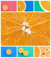 un collage de muchas fotos con jugosas naranjas. conjunto de imágenes con frutas sobre fondos de diferentes colores