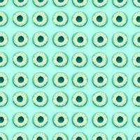 Many small plastic donuts lies on a pastel colorful background. Flat lay minimal pattern. Top view photo