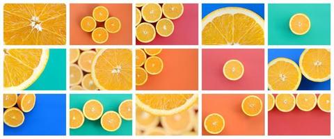 un collage de muchas fotos con jugosas naranjas. conjunto de imágenes con frutas sobre fondos de diferentes colores