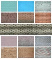 A collage of many pictures with fragments of brick walls of different colors close-up. Set of images with varieties of brickwork photo