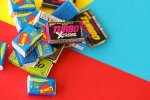 TERNOPIL, UKRAINE - MAY 28, 2022 Turkish retro chewing gums Turbo extreme and Love is with nostalgic design from 80s photo