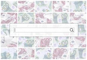 la cadena de búsqueda se encuentra en la parte superior del collage de muchas imágenes de cientos de dólares y billetes en euros amontonados foto