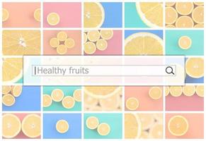 Visualization of the search bar on the background of a collage of many pictures with juicy oranges. Healthly fruits photo