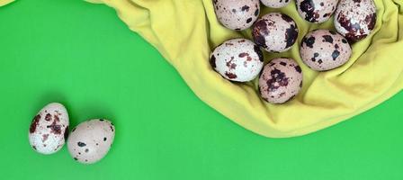 Quail eggs on a light green surface, top view, empty place for t photo