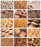 A collage of many pictures with various sweets close-up. A set of images with varieties of biscuits, bagels and candies photo