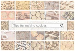 Visualization of the search bar on the background of a collage of many pictures with various sweets close up. Tips for making cookies photo