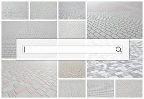 Visualization of the search bar on the background of a collage of many pictures with fragments of paving tiles close-up. Set of images with pavement stone photo