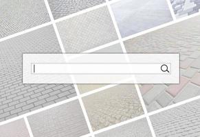 Visualization of the search bar on the background of a collage of many pictures with fragments of paving tiles close-up. Set of images with pavement stone photo