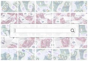 la cadena de búsqueda se encuentra en la parte superior del collage de muchas imágenes de cientos de dólares y billetes en euros amontonados foto