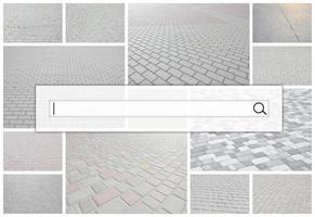 Visualization of the search bar on the background of a collage of many pictures with fragments of paving tiles close-up. Set of images with pavement stone