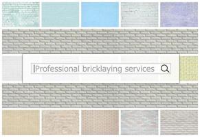 Visualization of the search bar on the background of a collage of many pictures with fragments of brick walls of different colors close up. Professional bricklaying services photo