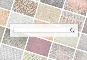 Visualization of the search bar on the background of a collage of many pictures with fragments of brick walls of different colors close-up. Set of images with varieties of brickwork photo