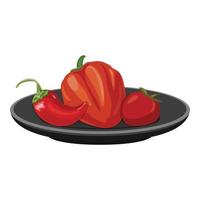 Plate with pepper and tomatoes icon, cartoon style vector