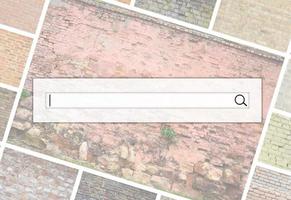 Visualization of the search bar on the background of a collage of many pictures with fragments of brick walls of different colors close-up. Set of images with varieties of brickwork photo