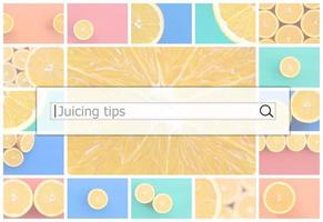 Visualization of the search bar on the background of a collage of many pictures with juicy oranges. Juicing tips photo