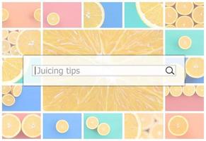 Visualization of the search bar on the background of a collage of many pictures with juicy oranges. Juicing tips photo