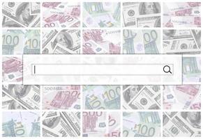 The search string is located on top of collage of many images of euro banknotes in denominations of 100 and 500 euros lying in the heap photo