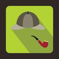 Detective Sherlock Holmes hat, smoking pipe icon vector