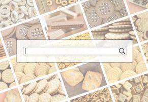 visualización de la barra de búsqueda en el fondo de un collage de muchas imágenes con varios primeros planos de dulces. un conjunto de imágenes con variedades de galletas, bagels y dulces foto