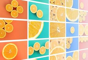 A collage of many pictures with juicy oranges. Set of images with fruits on backgrounds of different colors photo