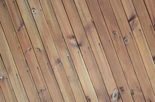 Close up of brown wooden fence panels. Many vertical wooden planks photo