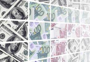 A collage of many images of euro banknotes in denominations of 100 and 500 euros lying in the heap photo