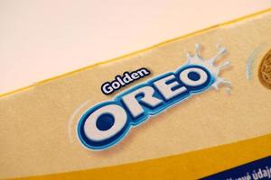 TERNOPIL, UKRAINE - MAY 28, 2022 Oreo golden crispy cookie box. The brand Oreo is owned by company Mondelez international photo