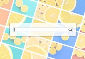 Visualization of the search bar on the background of a collage of many pictures with juicy oranges. Set of images with fruits on backgrounds of different colors photo