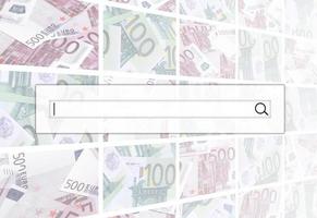 The search string is located on top of collage of many images of hundreds of dollars and euro bills lying in a pile photo