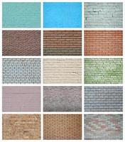 A collage of many pictures with fragments of brick walls of different colors close-up. Set of images with varieties of brickwork photo