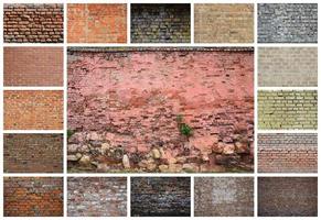 A collage of many pictures with fragments of brick walls of different colors close-up. Set of images with varieties of brickwork photo