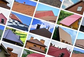 A collage of many pictures with fragments of various types of roofing. Set of images with roofs photo