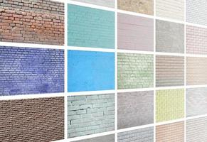 A collage of many pictures with fragments of brick walls of different colors close-up. Set of images with varieties of brickwork photo