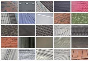 A collage of many pictures with fragments of various types of roofing close up. A set of images with roof coating textures photo