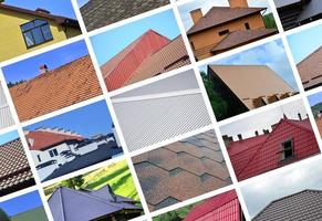A collage of many pictures with fragments of various types of roofing. Set of images with roofs photo