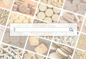 Visualization of the search bar on the background of a collage of many pictures with various sweets close-up. A set of images with varieties of biscuits, bagels and candies photo